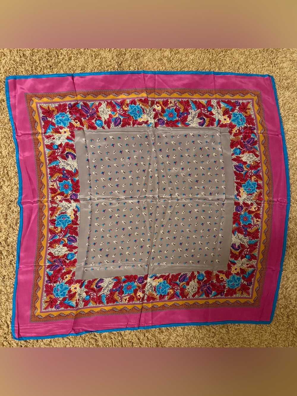 Italian Silk Rectangular Scarf Pink Gray Floral Paisley Boho Cottagecore Vintage